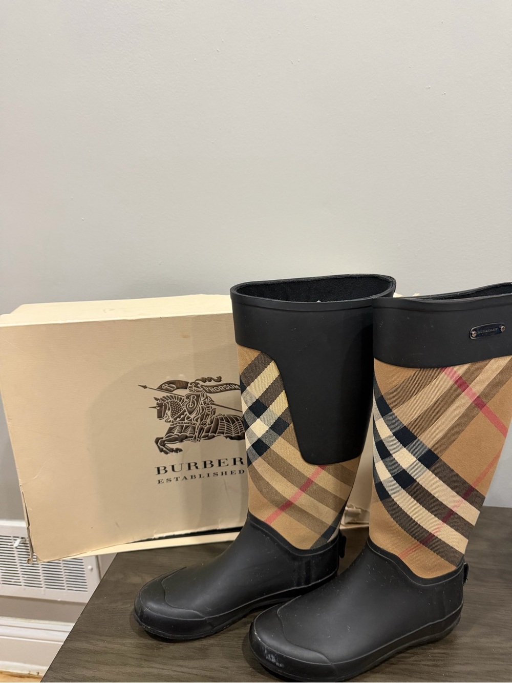Burberry Black and Beige Nova Check Tall Rain Boots